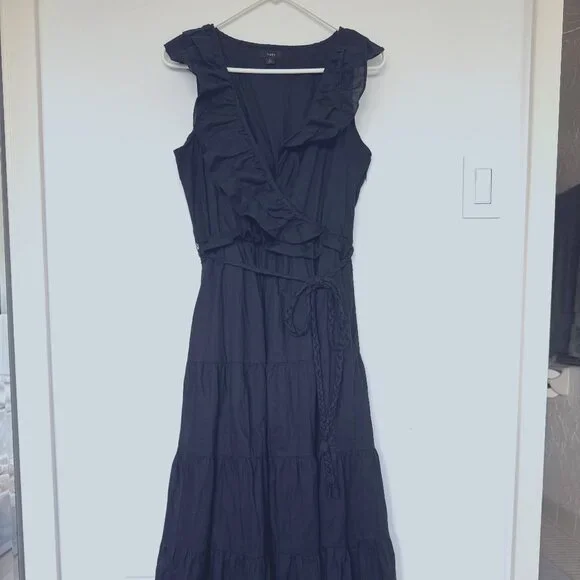 NWOT J. Crew Ruffle Front Tiered Maxi Dress Black Organic Cotton Size 10
